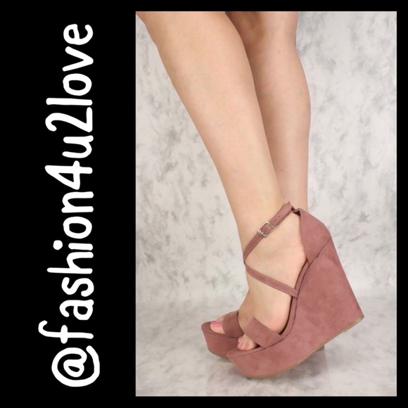 Blush Crisscross Open Toe Wedges Vegan Suede. - Picture 2 of 5
